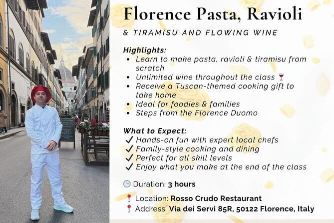 Florence: Tiramisu & Pasta Cooking Class with Unlimited Wine - Making Handmade Pasta Dough, Ravioli, and Tiramisu