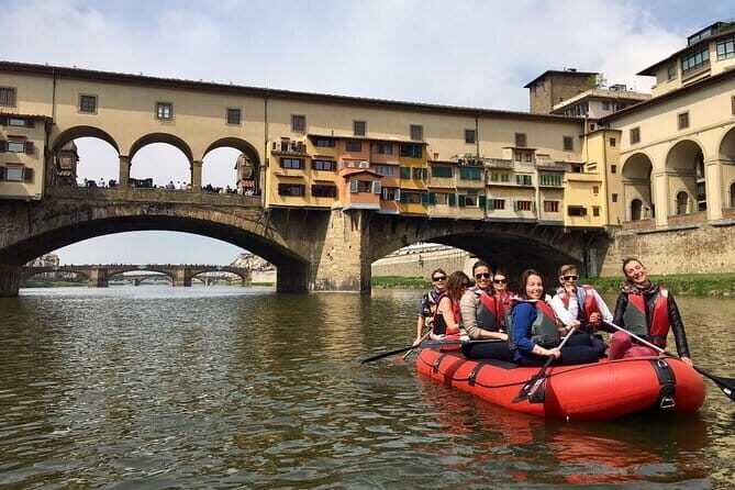 Rafting on the Arno River in Florence under the Arches of Pontevecchio - Ponte Santa Trìnita and Uffizi views that feel oddly close